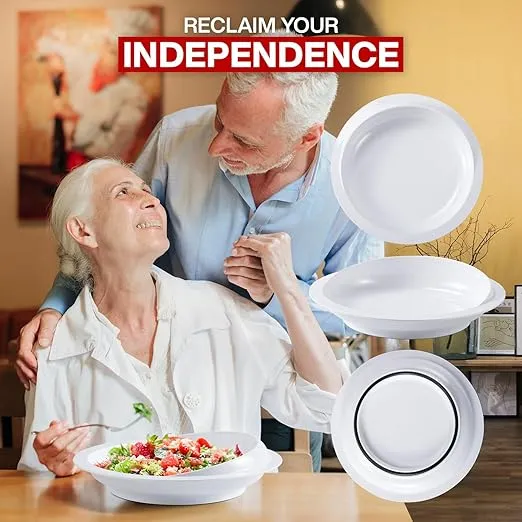 Jayour 4 Pack - Anti-Spill Scoop Plate with Lip Edge | Eating Utensils for Elderly Patients | Scoop Plates for Disabled Adults from Parkinsons, Stroke, Tremor | Non Skid Padded Bottom (White)
