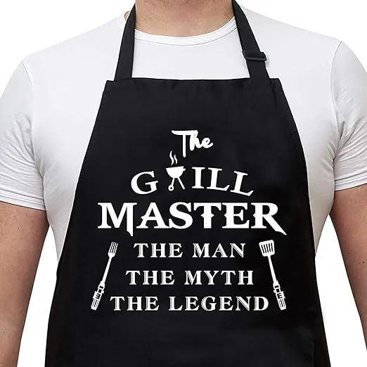 Rosoz Funny Aprons for Men - The Grill Master, The Man The Myth The Legend - Cooking Grilling BBQ Chef Apron for a Husband, Dad Gifts, Waterproof Oil Proof Black Apron with 2 Pockets