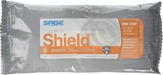Stryker - Sage Comfort Shield Barrier Cream Cloths with Dimethicone - 1 Package, 8 Cloths - One-Step Wipes Clean, Treat and Protect Skin from Incontinence Irritation, Hypoallergenic