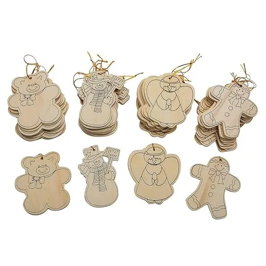 S&S Worldwide Unfinished Wood Holiday Ornaments To Decorate. Pre-Printed Outlines On One Side. Finish w/Paint or Markers, Gold Thread Attached for Hanging. 12 each of 4 designs, 4-1/4" H, Pack of 48