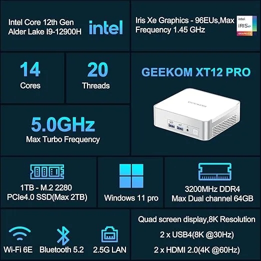 GEEKOM Mini PC XT12 Pro, 12th Gen Intel i9-12900H NUC12 Mini Computers(14C/20T,Up to 5GHz), 32GB DDR4 RAM & 1TB PCIe Gen 4 SSD Mini PC Windows 11 Pro, 8K/Quad Display/USB4.0/WiFi 6E/BT5.2/2.5G LAN