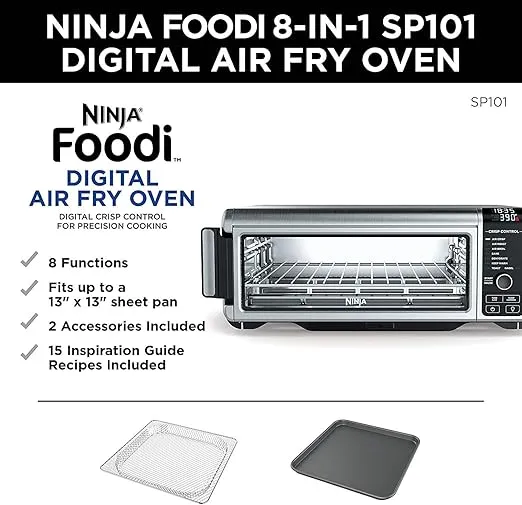 Ninja SP101 8-in-1 Air Fry Large Toaster Oven Flip-Away for Storage Dehydrate Keep Warm 1800w XL Capacity (Renewed) RED