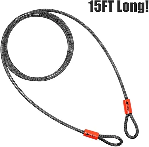 BV Heavy-Duty 15FT Security Cable Lock with Loops-10mm (3/8 Inch) Cut-Resistant Braided Steel Cable-Versatile & Weatherproof-Bike Lock Cable, Security Chain for Padlock, Chain Lock, Wire Lock (Pair)