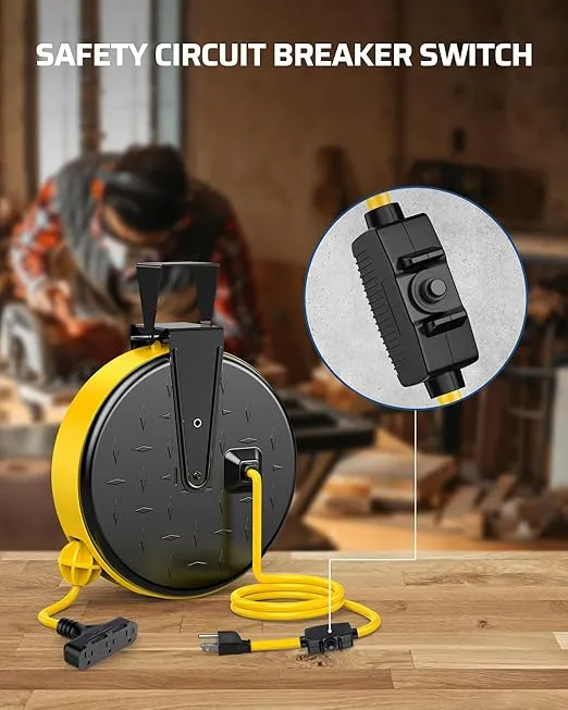 DEWENWILS 30 Ft Retractable Extension Cord Reel, Ceiling/Wall Mount 16/3 Gauge SJTW Power Cord with 3 Electrical Outlets Pigtail for Garage and Shop, 10 Amp Circuit Breaker, Metal Plate, UL Listed