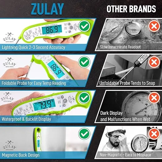 Zulay Instant Read Food Thermometer - Waterproof Digital Meat Thermometer with Backlight, Calibration & Internal Magnetic Mount - Cooking Thermometer for Meat, Kitchen, BBQ & Grill (Green)