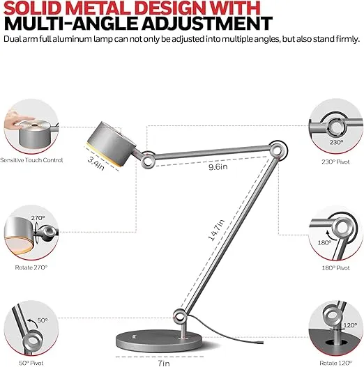 Honeywell LED Desk Lamp Office - 01A Sunturalux™ Table Lamp Eye Caring Natural Light, 4000K Dimmable Touch Desk Light Full Metal Efficient Light for Home Office Bedroom Read Study Work