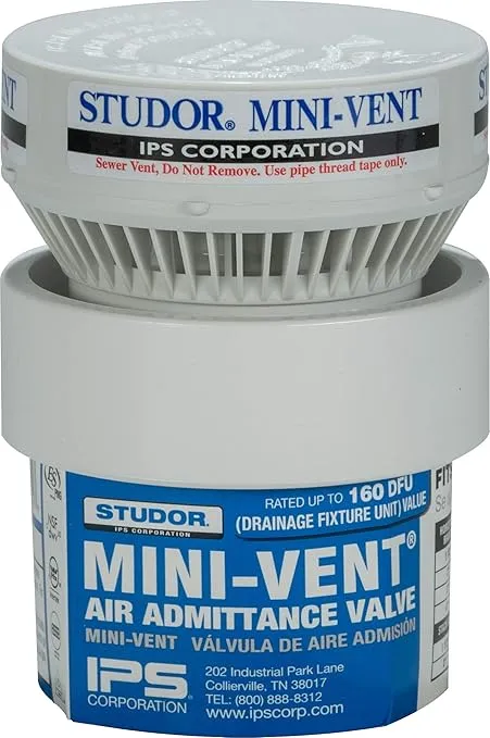 Studor 20341 Mini-Vent Air Admittance Valve with PVC Adapter, 1-1/2- or 2-Inch Connection