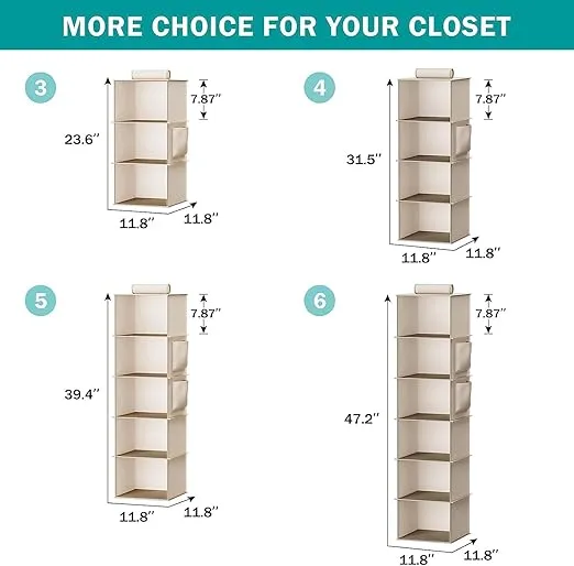 Hanging Closet Organizer, 6-Shelf Closet Hanging Storage with Side Pockets, Beige