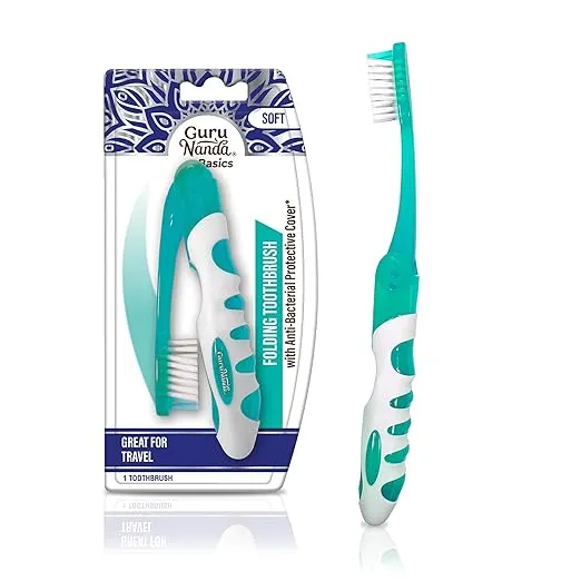 GuruNanda Folding Toothbrush with Built-in Cover, Perfect for Travel, Hiking & Camping, Compact & Portable, On-The-go Toothbrush with Soft Bristles & Ergonomic Handle, for Adults & Kids (1 Count)