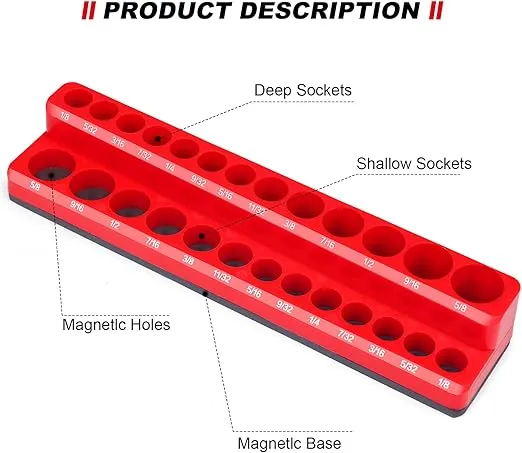 Magnetic Socket Holder, Socket Organizer SAE Red 3/8 Inch Drive, Socket Keeper Stores 26 Standard and Deep Size SAE Sockets, Socket Posts Feature High Visibility Markings, Socket Not Included