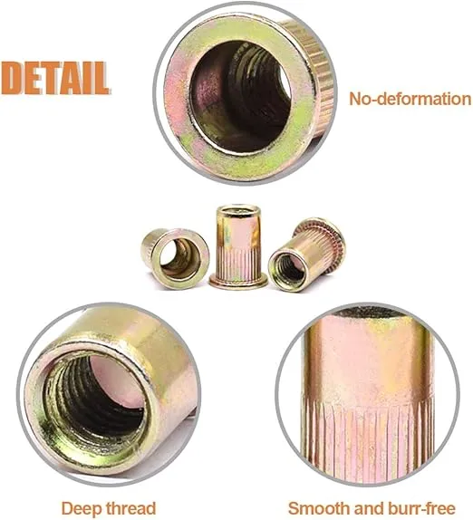 Keadic 150Pcs M4 Rivet Nuts Metric Zinc Plated Rivet Nut Carbon Steel Rivet Nut Flat Head Threaded Insert Kit Threaded Rivet Insert Nutsert Rivnuts Kit for Furniture
