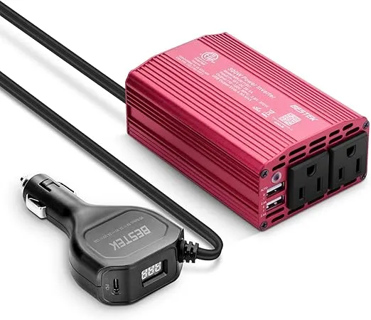 BESTEK Upgraded 300W Power Inverter for Car, Inverter DC 12V to 110V AC Converter Car Outlet Adapter with USB-C PD 18W Cigarette Lighter Plug, 2 AC Charger Outlets and Dual 2.4A USB Ports