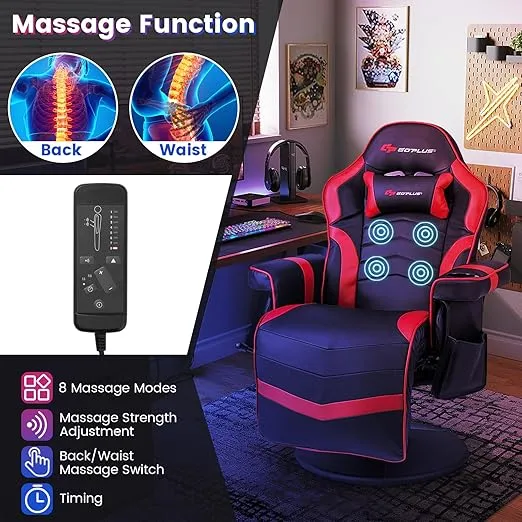 Goplus Gaming Chair, Height Adjustable Massage Video Game Chair with Retractable Footrest, Cup Holder, Headrest, Swivel Office Chair, Racing Style Swivel Gamer Chair (Red)