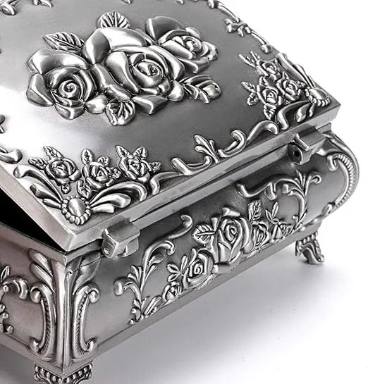 Hipiwe Vintage Metal Jewelry Box Small Trinket Jewelry Storage box For Rings Earrings Necklace Treasure Chest Organizer Antique jewelry Keepsake gift Box Case for Girl Women (Medium)