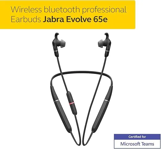 Jabra Evolve 65e Wireless Neckband Headset, Link 370, MS-Optimized – Bluetooth Headset with up to 13 Hours of Battery Life – Superior Sound for Calls and Music – Passive Noise Cancelling Headset