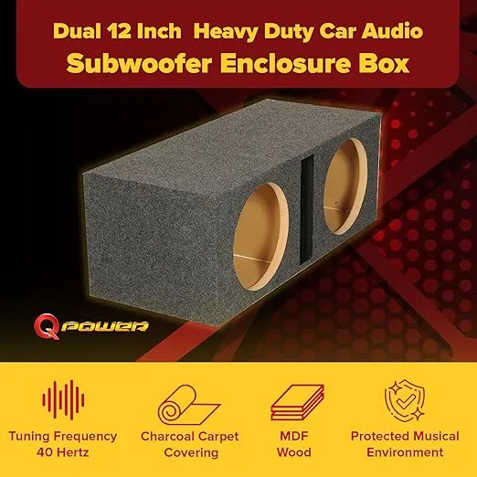 Q Power QBASS Dual 12 Inch Heavy Duty MDF Material Car Audio Subwoofer Enclosure Boxes with Shared Slot Port Vent and Dual Chamber Design, Charcoal