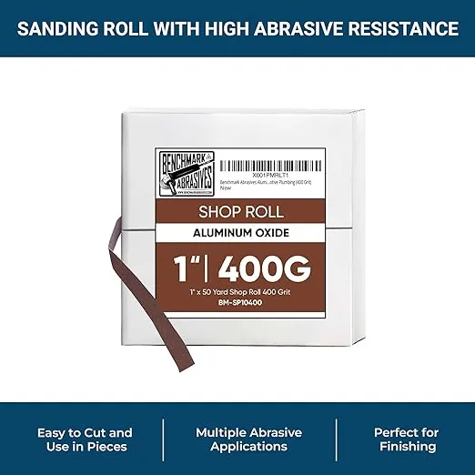 Benchmark Abrasives 1” X 150’ Shop Roll Emery Cloth Sandpaper Roll, Aluminum Oxide Sand Paper for Wood Furniture, Metal Polishing, Sanding, Automotive, Plumbing, Finishing - 400 Grit