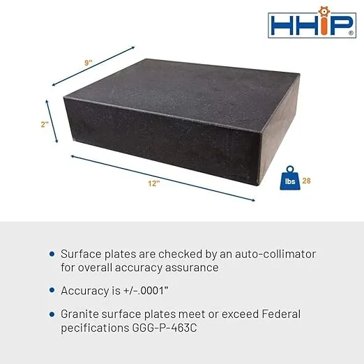 HHIP 4401-1599 12" X 9" X 2" Granite Surface Plate, Grade B, 0 Ledge