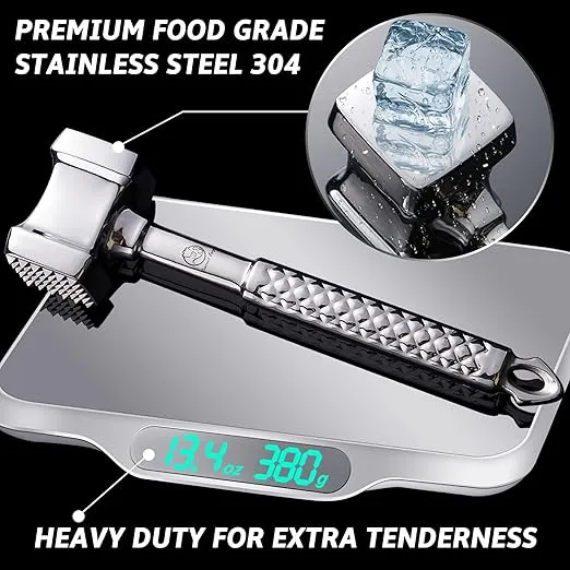 Meat Tenderizer Mallet Stainless Steel, Premium Meat Hammer Tenderizer, Kitchen Meat Mallet for Chicken, Conch, Veal Cutlets, Beef & Steak, Meat Pounder Flattener, Non-Slip Grip with 5 years Warranty