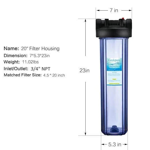 Geekpure 20 Inch Whole House Clear Water Filter Housing-Fit 4.5 x 20 Inch Filters-3/4 Port