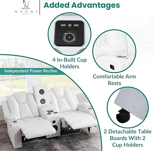 Home Theater Seating, Gaming Chairs for Adults, Wireless Charging Movie Theater Chairs, Power Recline Loveseat with 6 Cup Holders and Tray, Powerful in-Built Speaker, USB Ports, Air Leather – White