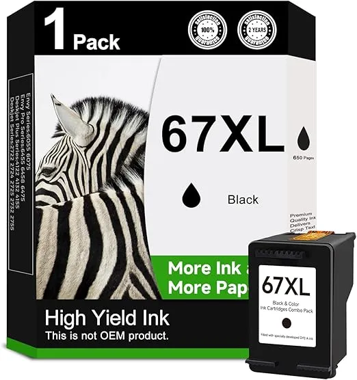 Remanufactured 67XL Ink Cartridge Replacement for HP 67 XL hp67 Printer Ink (1 Black) Works with 4133e 2755e 4155e 2722 2752 2752e Envy Pro 6455 6458 6475 Envy 6458e 6455e 6055e 6075