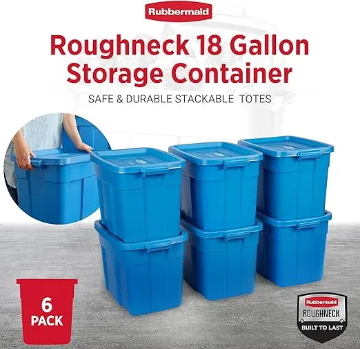 Rubbermaid Roughneck Tote 18 Gal, 6 Pack, Made in USA, Herirage Blue, Rugged Plastic Stackable Storage Bins with Lids and Handles