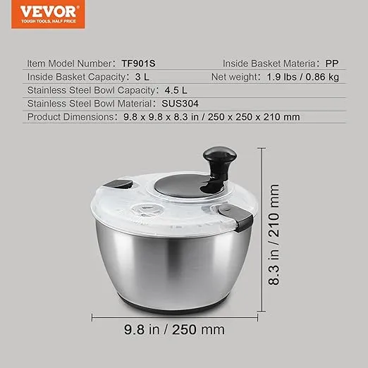 VEVOR Stainless Steel Salad Spinner, 4.75Qt, One-handed Easy Press Large Vegetable Dryer Washer, Lettuce Cleaner and Dryer with 304 Stainless Steel Bowl, for Greens, Herbs, Berries, Fruits, No BPA