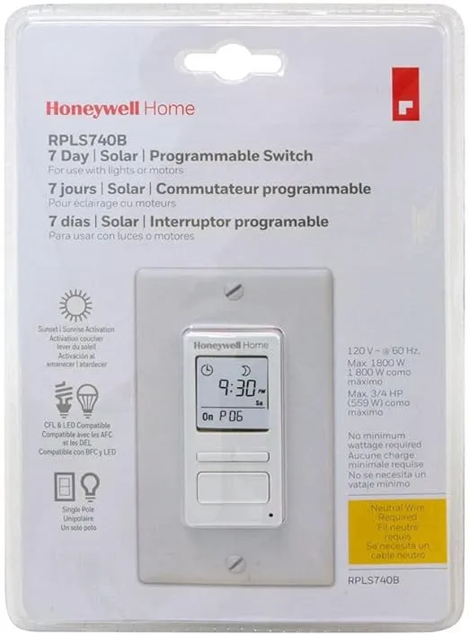 Honeywell Home RPLS740B ECONOswitch 7-Day Solar Programmable Switch, Lights and Motors, Indoor and Outdoor, Energy Saving White