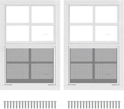 2 Pack 14" x 21" White Shed Window with Tempered Glass and Fiberglass Screen Household Sliding Windows with Screws for Shed, Chicken Coop, Playhouse, Garage and Barns