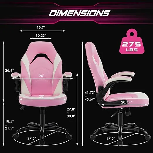 Sweetcrispy Computer Gaming Desk Chair - Pink Ergonomic Office Executive Adjustable Swivel Task PU Leather Racing Chair with Flip-up Armrest for Adults, Kids, Men, Girls, Gamer, White Pink