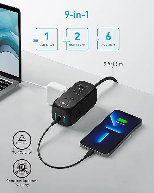 Anker 332 USB C Power Strip Surge Protector(300J),5ft Extension Cord,6 Outlets and 20W Power Delivery for iPhone 15/15 Plus/15 Pro/15 Pro Max, 3-Side Outlet Extender, for Home,Office,TUV Listed(Black)