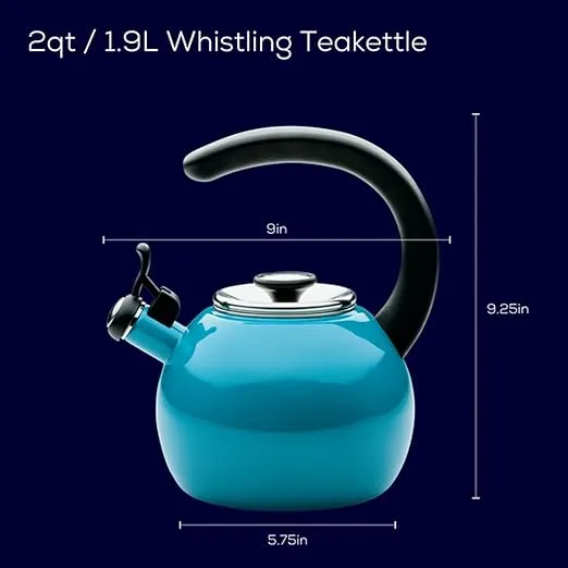 Circulon Enamel on Steel Whistling Teakettle/Teapot With Flip-Up Spout, 2 Quart - Turquoise Blue