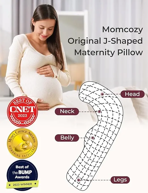 Momcozy Pregnancy Pillows for Side Sleeping, J Shaped Maternity Body Pillow for Pregnancy, Soft Pregnancy Pillow with Jersey Cover for Head Neck Belly Support, Grey