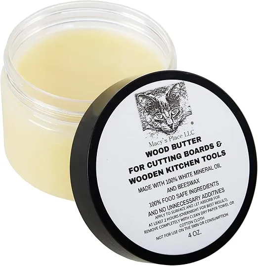 Wood Butter 4 oz Cutting Board Wax Conditioner for Butcher Block and Wooden Kitchen Tools. Macy;s Place Food Grade Protective Mineral Oil and Beeswax for Wooden Cutting Boards, Surfaces, and Tools.