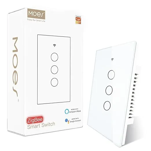 MOES Zigbee Smart Switches 3 Gang, Require MOES Zigbee Hub and Neutral Wire, Inteligente Single Pole Light Switch, Work as Relay, Support Tuya Smart Life, White