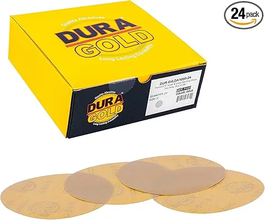Dura-Gold - Premium - 1000 Grit 6" Gold Hook & Loop No Hole Sanding Discs for DA Sanders - Box of 24 Sandpaper Finishing Discs for Automotive and Woodworking