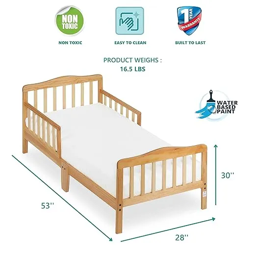 Dream On Me Classic Design Toddler Bed In Natural, Greenguard Gold And JPMA Certified, Low To Floor Design, Two Side Safety rails, Non-Toxic Finishes, Wooden Nursery Furniture