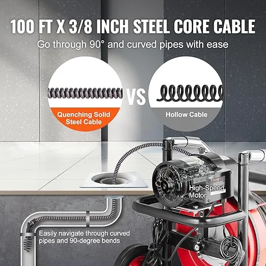 VEVOR Drain Cleaner Machine 100FT x 3/8 Inch, Auto Feed Sewer Snake Auger on Wheels, 370W Portable Drain Cleaning Machine with 8 Cutters & Air-activated Foot Switch for 2" to 4" Pipes