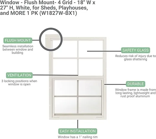 Shed Window 18" W x 27" H, Flush Mount White for Sheds, Playhouses, and Chicken Coops 1 PK (W1827W-BX1)