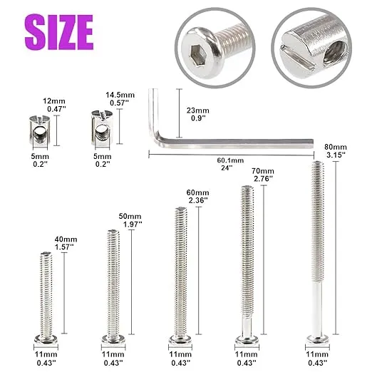 Swpeet 100Pcs Crib Hardware Screws, Nicked Plated M6 × 40/50/60/70/80mm Hex Socket Head Cap Crib Baby Bed Bolt and Barrel Nuts with 1 x Allen Wrench Perfect for Furniture, Cots, Crib Screws