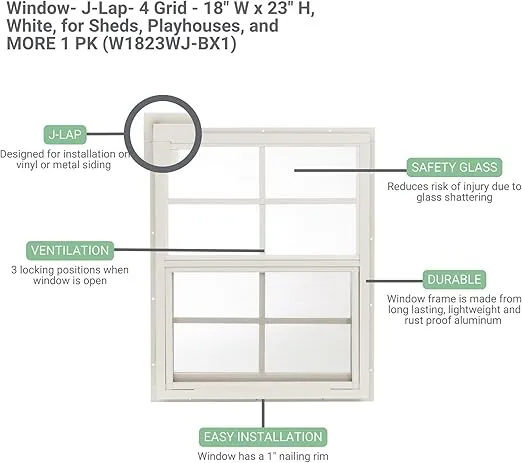 Shed Window 18" W x 23" H, J-Lap, for Sheds, Playhouses, and Chicken Coops 1 PK (Black)