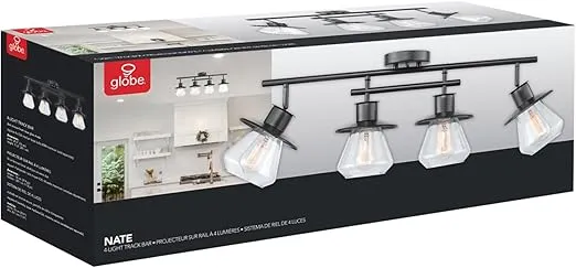 Globe Electric 59530 4-Light Complete Track Lighting Kit, Dark Bronze, Clear Glass Bell Shaped Shades, Ceiling Light Fixture, Ideal for Kitchen and Dining Room, LED Bulb Compatible