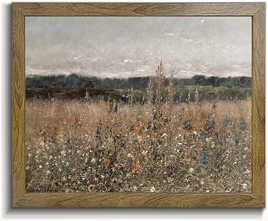 Wildflower Field Landscape Picture - Vintage Landscape Art Print, Country Field Wall Art - Framed Canvas Prints Wall Art Home Decor， Vintage Landscape Art Print Farmhouse Painting