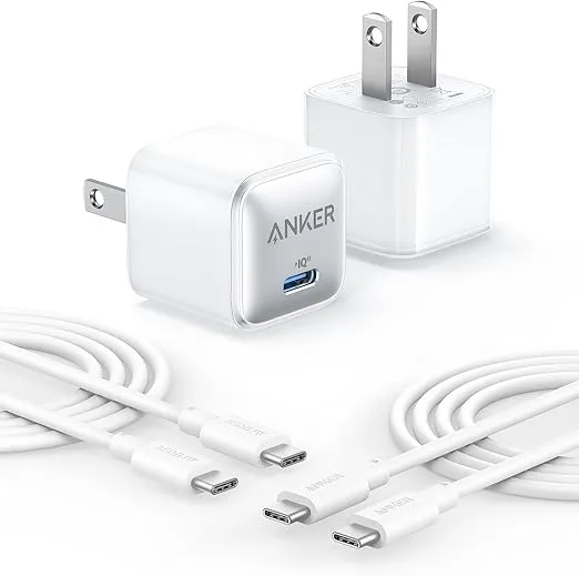 Anker USB C Charger Block 20W, 511 Charger (Nano Pro), PIQ 3.0 Compact Fast Charger for iPhone 16/16 Plus/16 Pro/16 Pro Max, 15/14/13 Series, Galaxy, Pixel 4/3, iPad (2 Pack & 2 Cable)