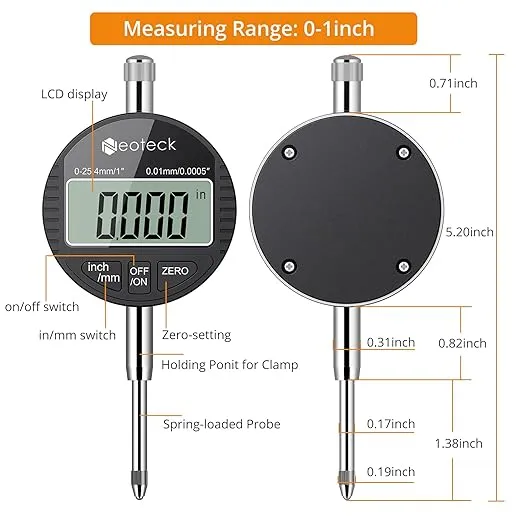 Neoteck Electronic Digital Dial Indicator Gage Gauge 0-1 Inch/25.4 mm Inch/Metric Conversion Auto Off Featured Measuring Tool for 3D Printer Leveling, etc. - Black