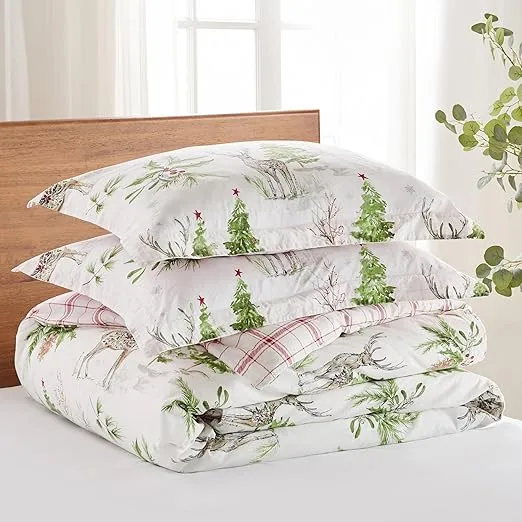 Levtex Home - Sleigh Bells Comforter Set - Full/Queen Comforter 90x94 and Two Standard Pillow Cases 20x26 - Christmas Tree and Reindeer - White Green and Red - Cotton