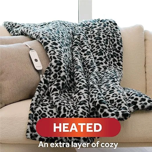 Sunbeam Printed Royal Sherpa Foot Pocket Heated Throw Electric Blanket, 50" x 60", 4 Heat Settings, 4-Hour Auto Shut-Off, Warming Cozy Throw for Couch or Bed, Machine Washable, Blue Leopard