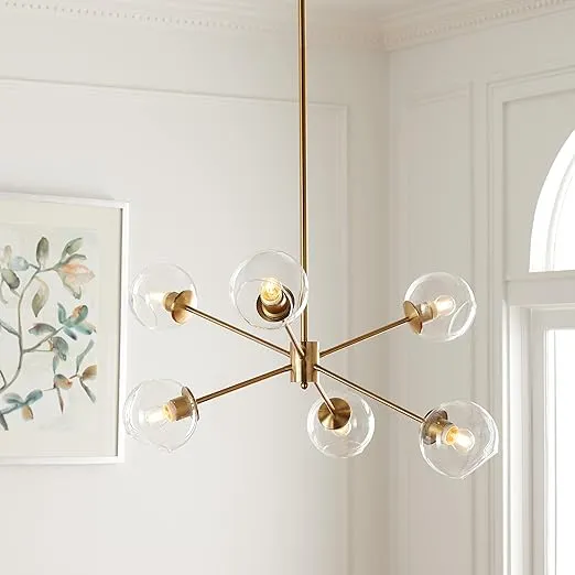 SAFAVIEH Lighting Collection Cantori Sputnik Mid-Century Modern Retro Brass/Clear Orb Chandelier